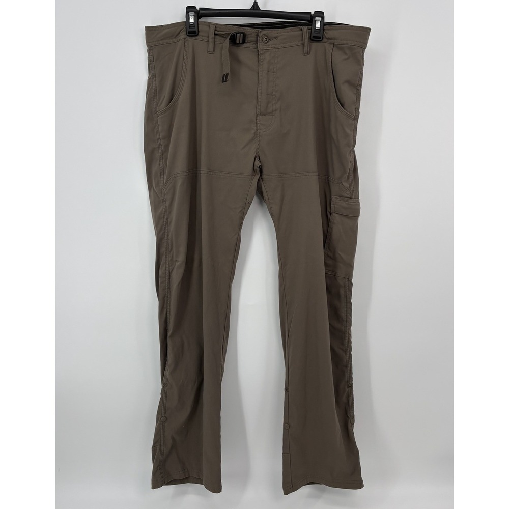 Prana Stretch Zion Brown Khaki Hiking Pants Men's Size 38x32 Snap Roll Up